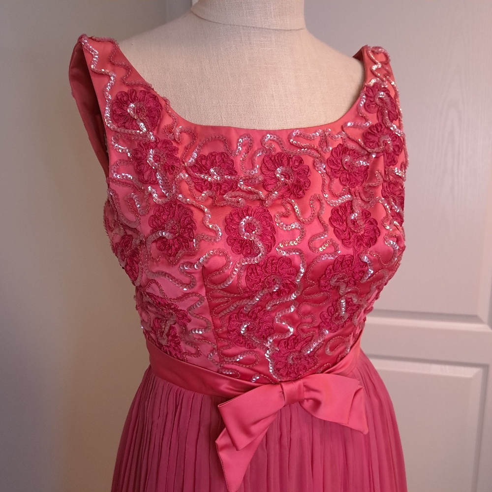 Vintage Pink 60's Silk Chiffon Sequin Gown Party Dress - Picture 2 of 13